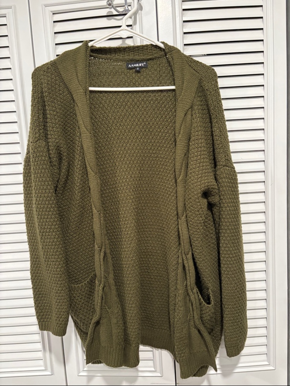 Olive Green Open-Front Knit Cardigan